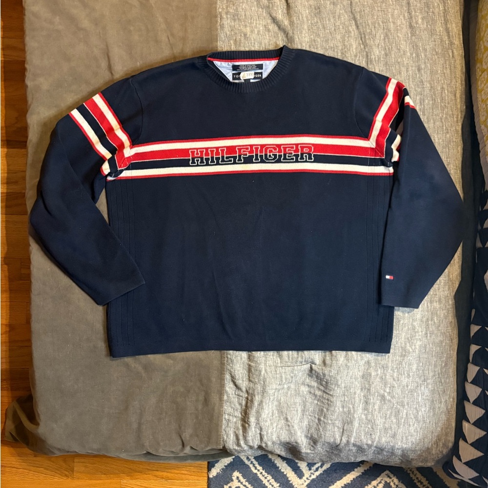 Hilfiger Men's Navy Sweater with Red and White Stripes